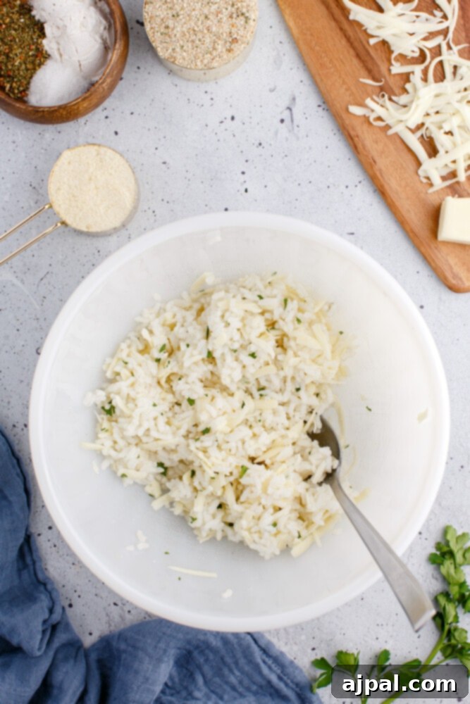 picture of rice and egg being mixed in a bowl 