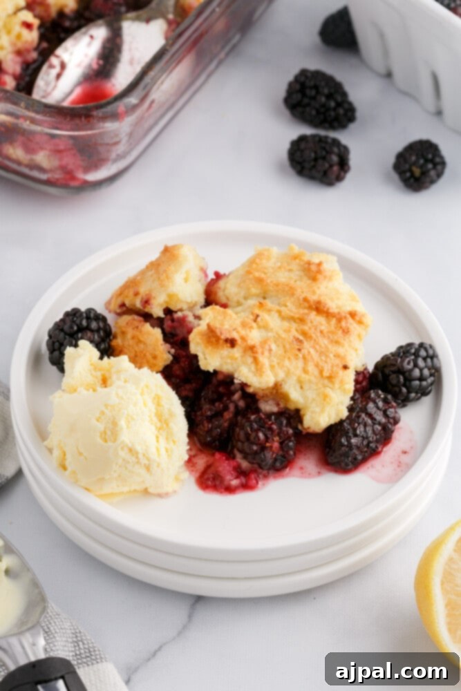 Luscious Blackberry Cobbler 13 A scoop of blackberry cobbler on a plate, topped with a melting scoop of vanilla ice cream, ready to be enjoyed.