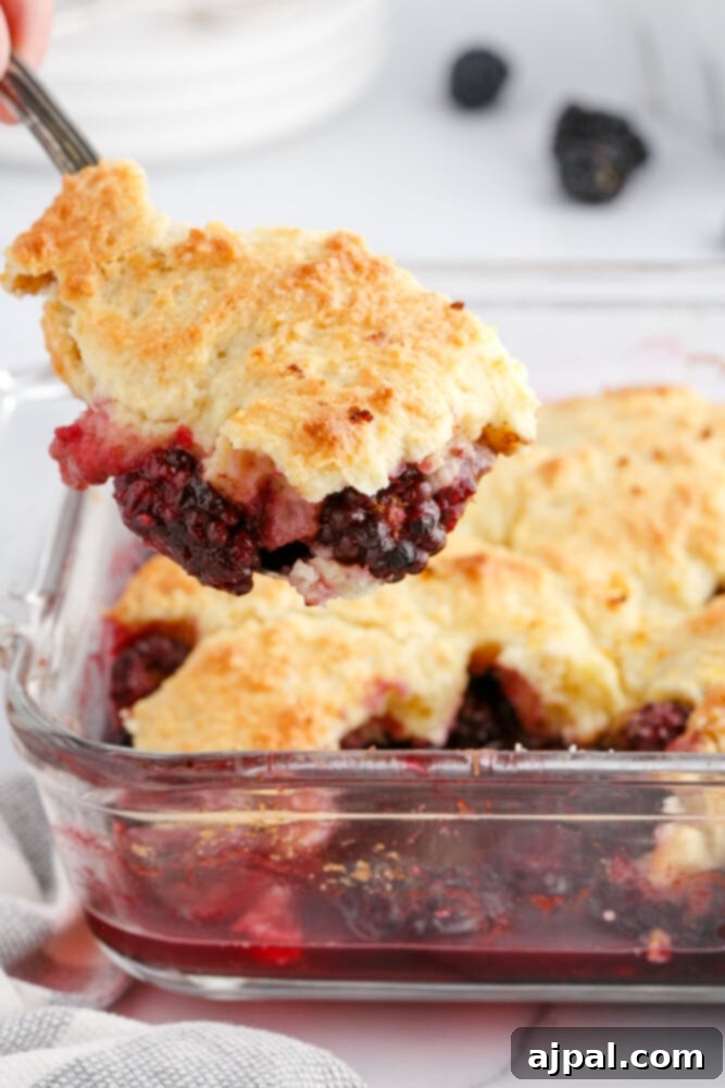 Luscious Blackberry Cobbler 14 A close-up of blackberry cobbler in a glass baking dish with a fork, showcasing the bubbly fruit and golden crust.