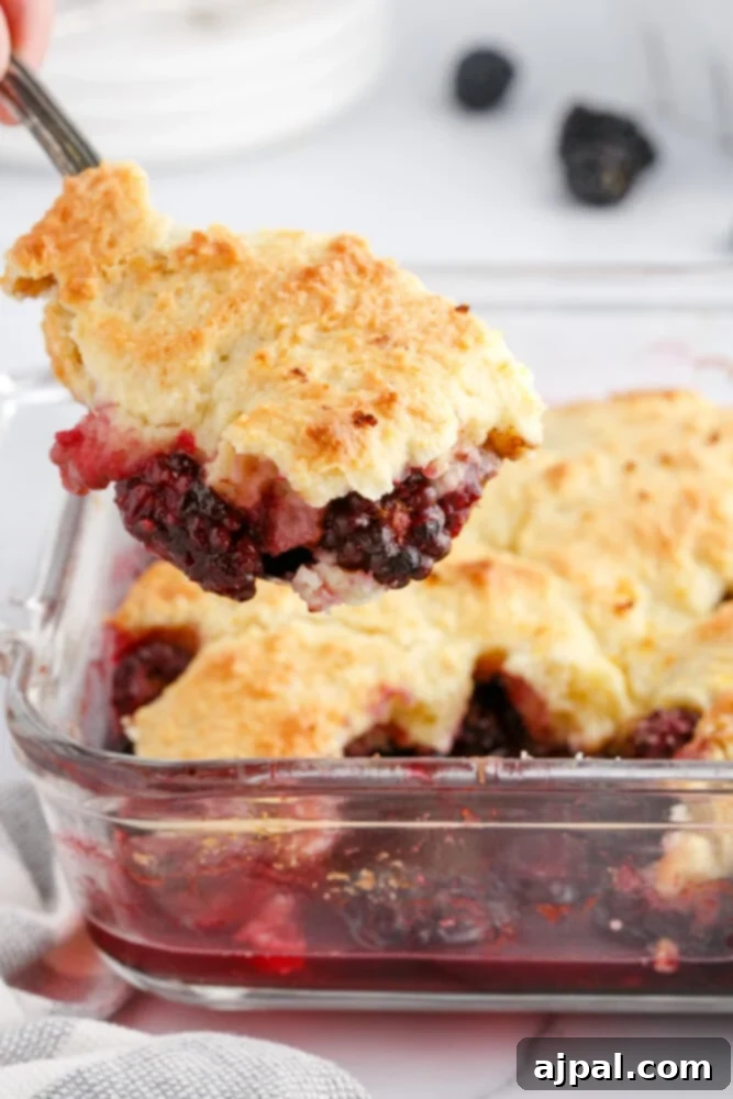 Rustic Blackberry Cobbler 14 A close-up view of a baked blackberry cobbler in a glass dish, with a serving removed and a fork nearby.