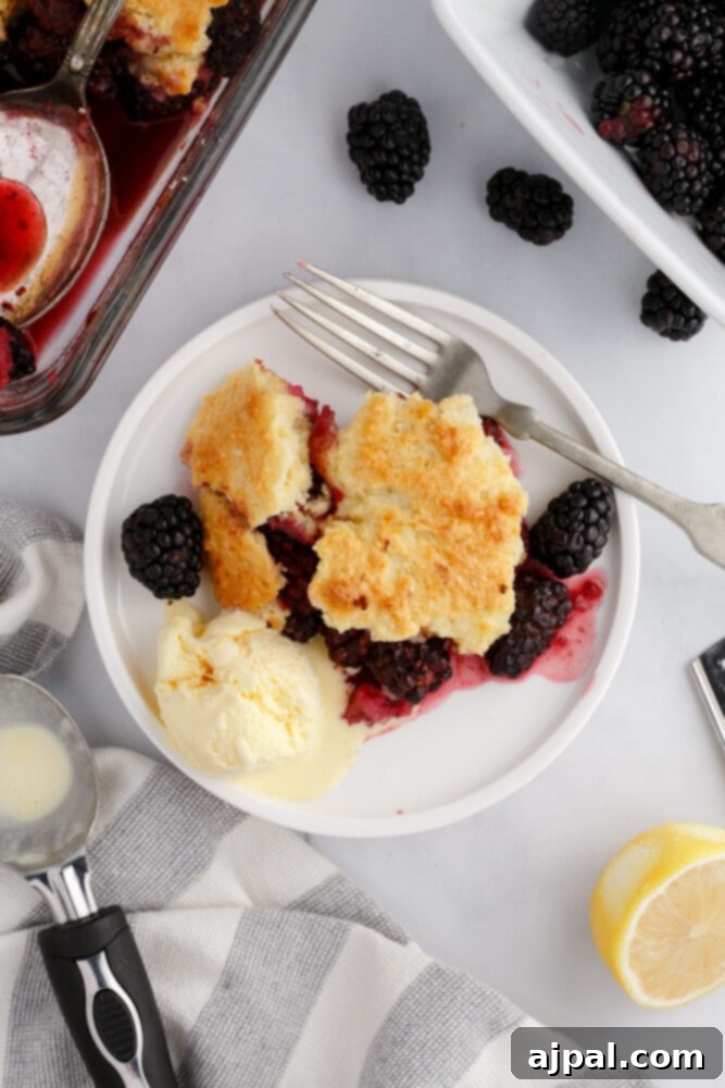 Luscious Blackberry Cobbler 15 A close-up of a serving of blackberry cobbler on a white plate with a fork.