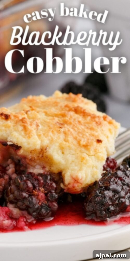 Luscious Blackberry Cobbler 16 A tall, appetizing picture of easy baked blackberry cobbler on a white background, highlighting its rustic topping and juicy fruit.