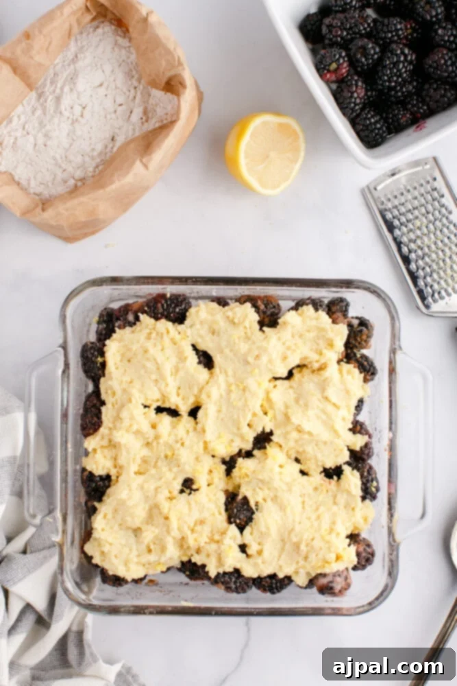 Rustic Blackberry Cobbler 10 A picture of dollops of cobbler dough placed on top of the blackberries in a dish.