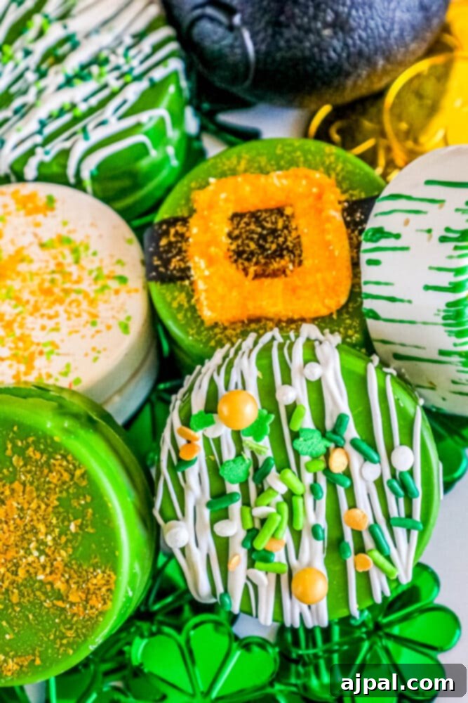 Picture of Oreos dipped in chocolate and decorated for St. Patrick's Day with green frosting and sprinkles.
