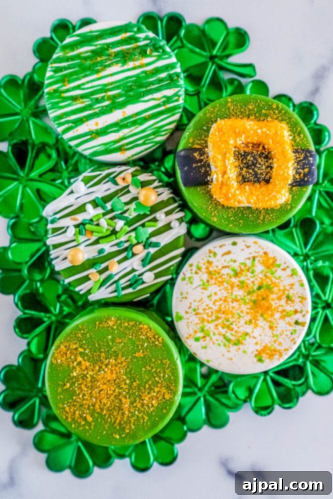 Picture of Oreos dipped in chocolate and decorated for St. Patrick's Day with various festive designs.
