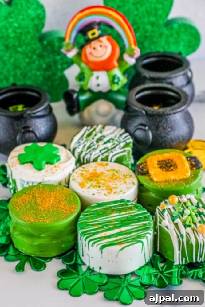 St. Patrick’s Day cookies featuring leprechaun Oreos and pots of gold decorations.