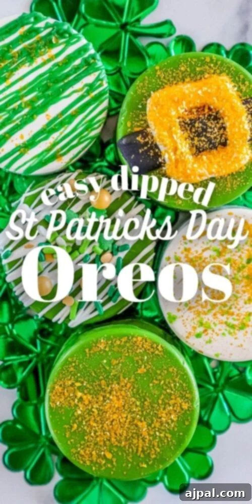 Picture of Oreos dipped in chocolate and decorated for St. Patrick's Day, showcasing a variety of easy, festive designs.