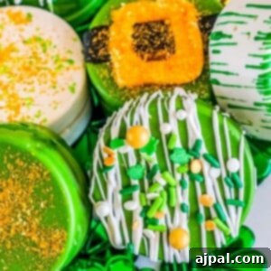 Picture of Oreos dipped in chocolate and decorated for St. Patrick's Day, a festive and easy dessert.