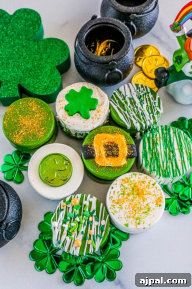 St. Patrick’s Day cookies, cupcakes, and dipped Oreos arranged for a festive display.