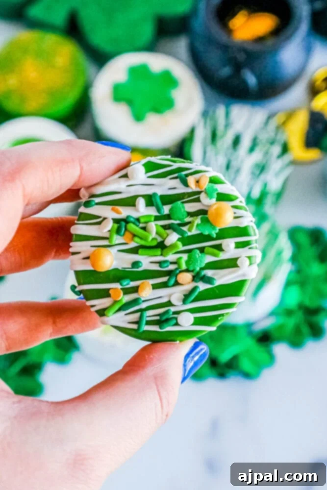 Picture of Oreos dipped in chocolate and decorated for St. Patrick's Day, with intricate leprechaun hat designs.
