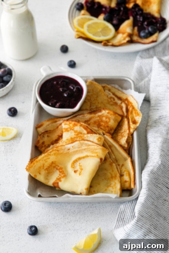 A stack of blueberry pancakes on a white plate, showcasing the fluffy texture.