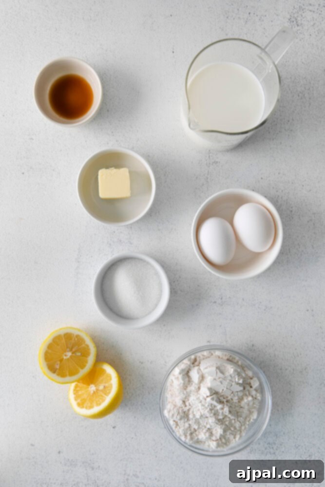 A recipe for easy lemon blueberry crepes is displayed on a white surface.