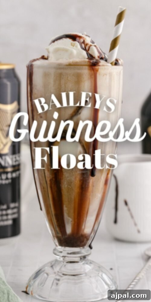 Guinness Baileys Float Delight 12 Guinness float in a glass with a gold paper straw and chocolate syrup
