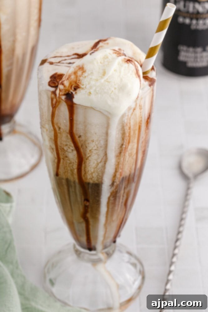 Guinness Baileys Float Delight 9 Guinness float in a glass with a gold paper straw and chocolate syrup