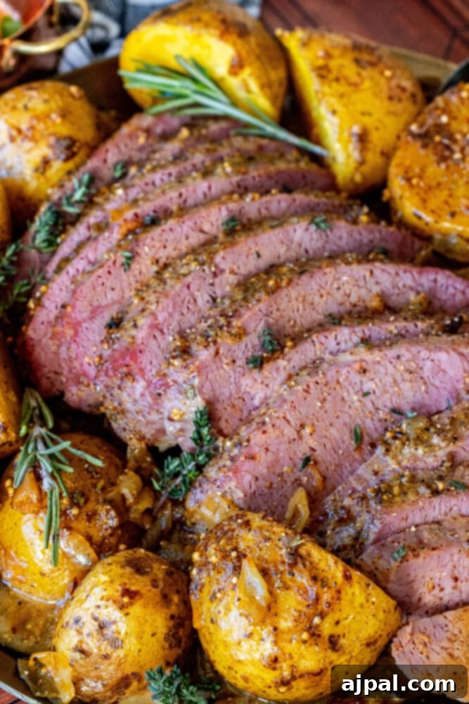 A beautifully presented platter of baked honey mustard corned beef and roasted potatoes, ready to be served for St. Patrick's Day dinner.