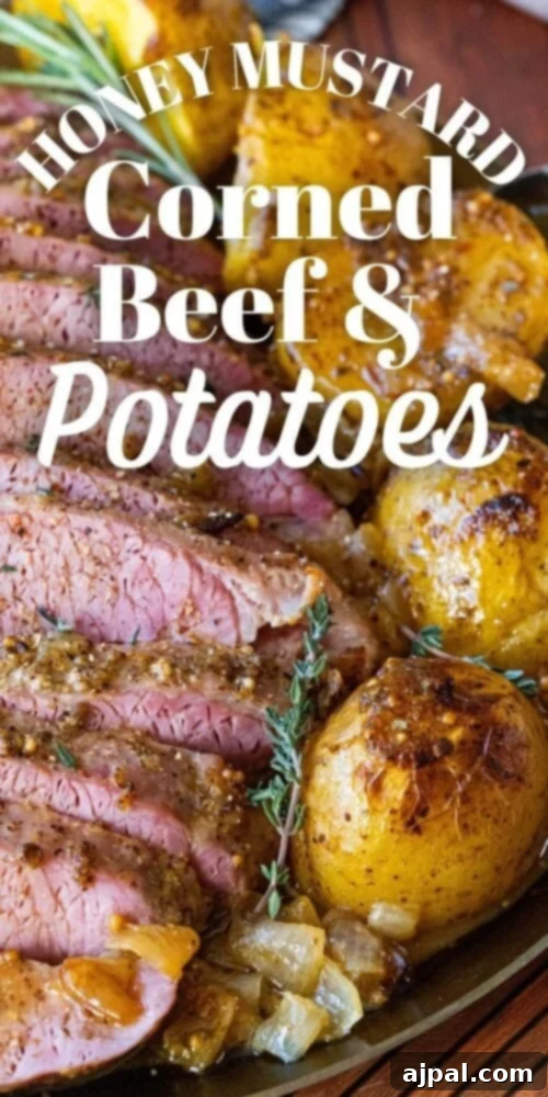A final close-up image of the honey mustard roasted beef and potatoes on a platter, emphasizing its savory appeal.