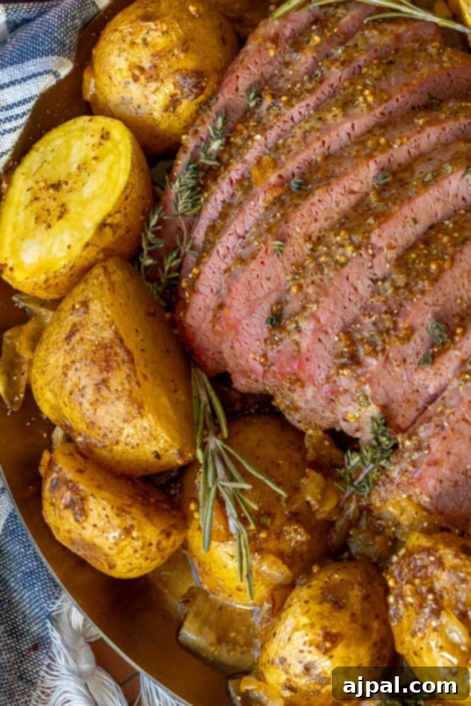 A serving of sliced corned beef with roasted potatoes and a rich honey mustard glaze, ready to be enjoyed.