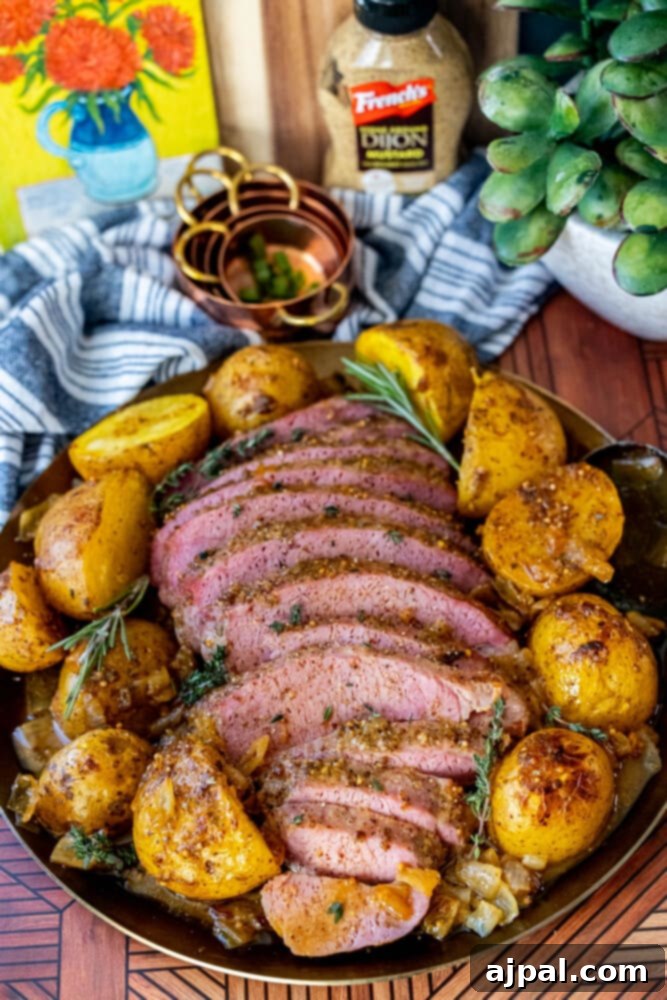 An overhead view of the baked honey mustard corned beef and potatoes, garnished with fresh herbs, showcasing its vibrant colors.
