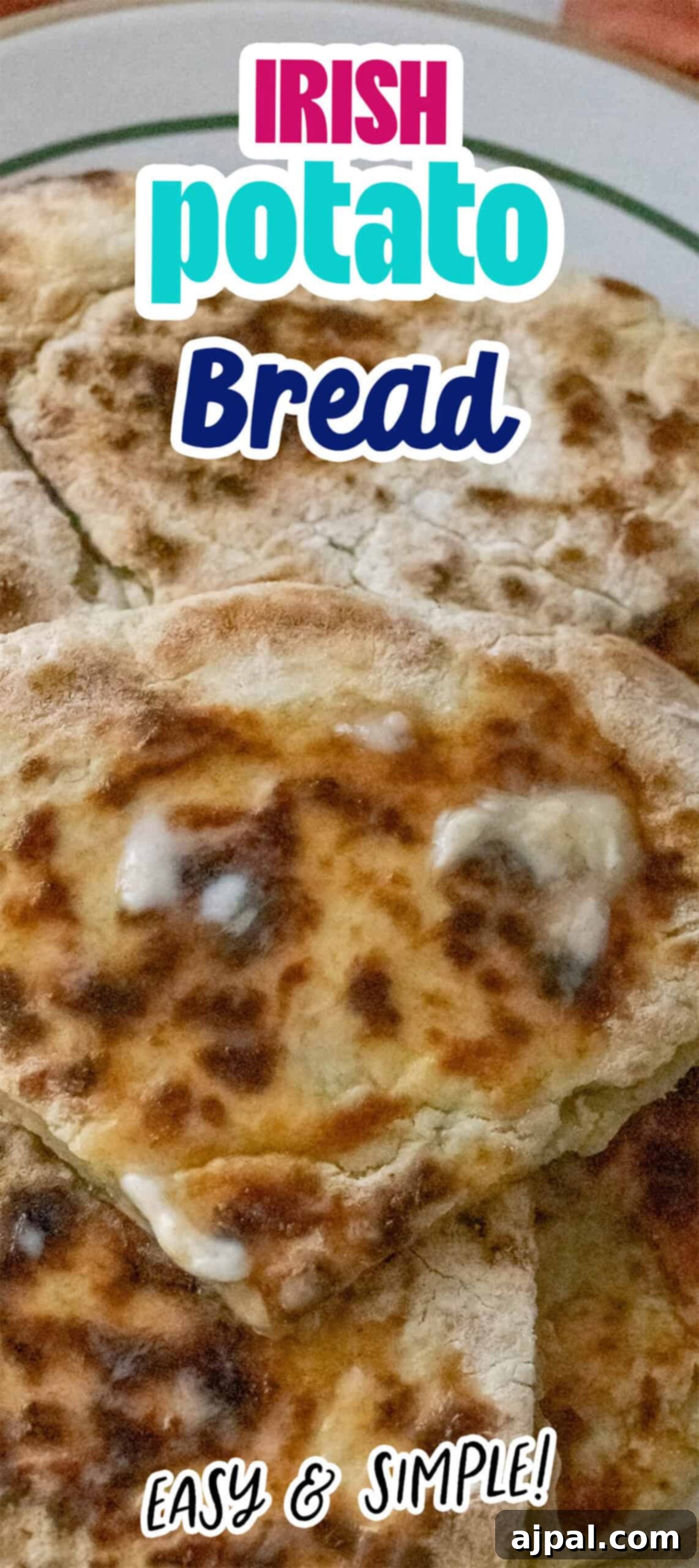 A plate of cooked Skillet Irish Potato Bread, featuring golden-brown round pieces with a crisp surface. The text reads "Easy & Simple Skillet Recipe" and "Irish Potato Bread.