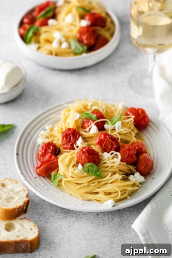 Creamy Goat Cheese and Roasted Tomato Pasta 9 A visually appealing plate of roasted tomato and goat cheese pasta, showcasing the vibrant colors and fresh ingredients, ready for serving.