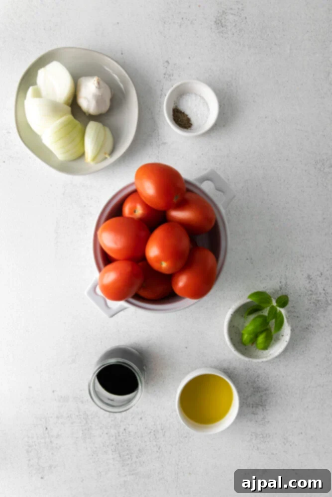 Deep Roasted Tomato Marinara 4 Assortment of fresh ingredients including tomatoes, basil, garlic, and seasoning on a rustic table.