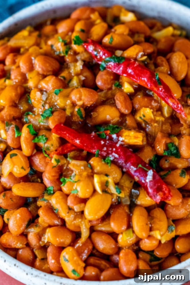 Chili Garlic Beans 2 A white bowl brimming with spicy garlicky beans, garnished with fresh cilantro and a sprinkle of salt, showcasing a vibrant blend of spices and chilies.
