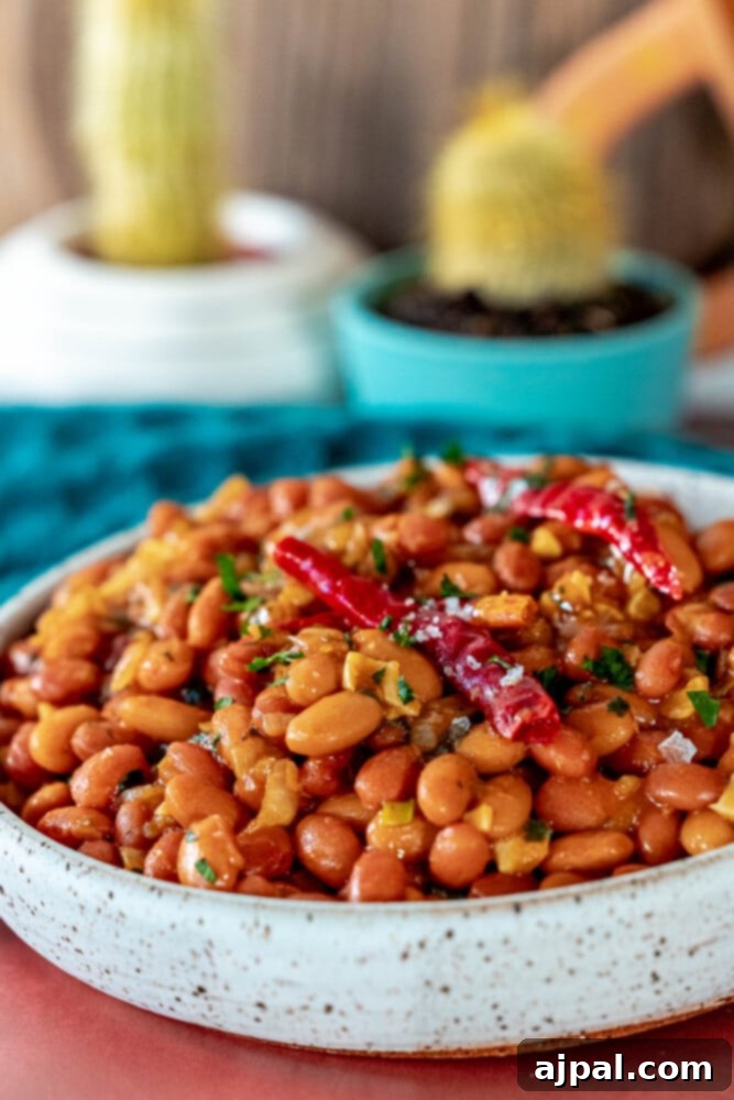 Chili Garlic Beans 8 A white bowl filled with spicy garlic beans, featuring visible chili flakes and a rich, savory sauce, placed on a wooden table.
