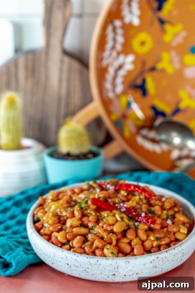 Chili Garlic Beans 3 A rustic white bowl filled with spicy garlic beans, featuring visible chili flakes and a rich, savory sauce, placed on a wooden table.