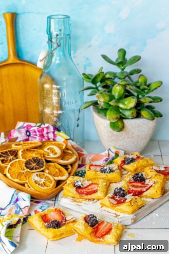 Bright Lemon Berry Tarts 11 Overhead shot of a lemon berry baked tart, featuring a golden crust, vibrant strawberry, blackberry, and slivered almonds, placed on a pristine white cutting board.