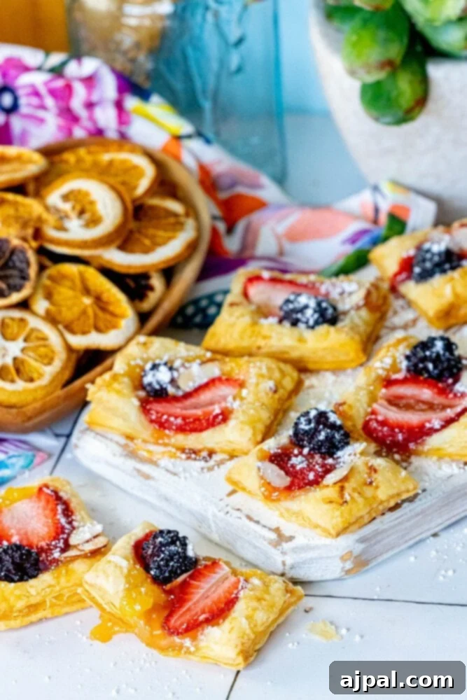 Bright Lemon Berry Tarts 12 Close-up of a single lemon berry baked tart, perfectly golden, topped with a fresh strawberry, a blackberry, and slivered almonds, ready to be enjoyed.