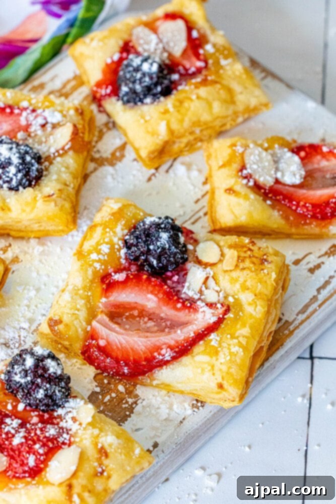 Bright Lemon Berry Tarts 3 Detailed shot of a lemon berry baked tart, topped with a vibrant strawberry, a dark blackberry, and crunchy slivered almonds, resting on a white cutting board.