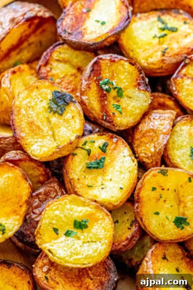 Rustic wooden cutting board adorned with golden, perfectly roasted potatoes, seasoned with fresh herbs. The image highlights the crispy texture.