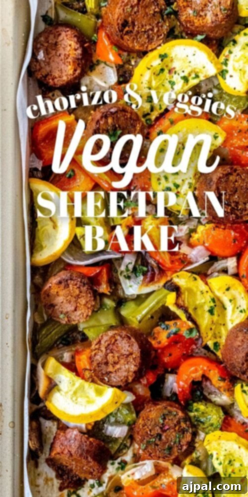 One-Pan Vegan Chorizo Veggie Bake 12 picture of baked vegan chorizo sausage, squash, peppers, onions, and mushrooms on a baking sheet
