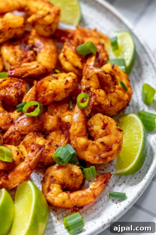 picture of jerk shrimp on a white plate with sliced green onions and limes