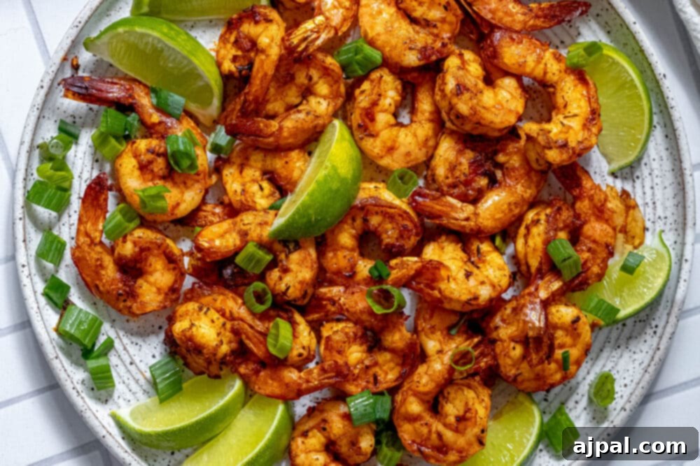 picture of jerk shrimp on a white plate with sliced green onions and limes