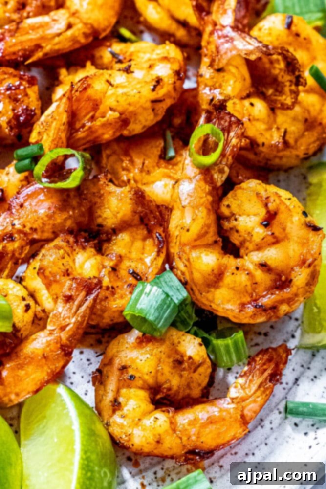 picture of jerk shrimp on a white plate with sliced green onions and limes