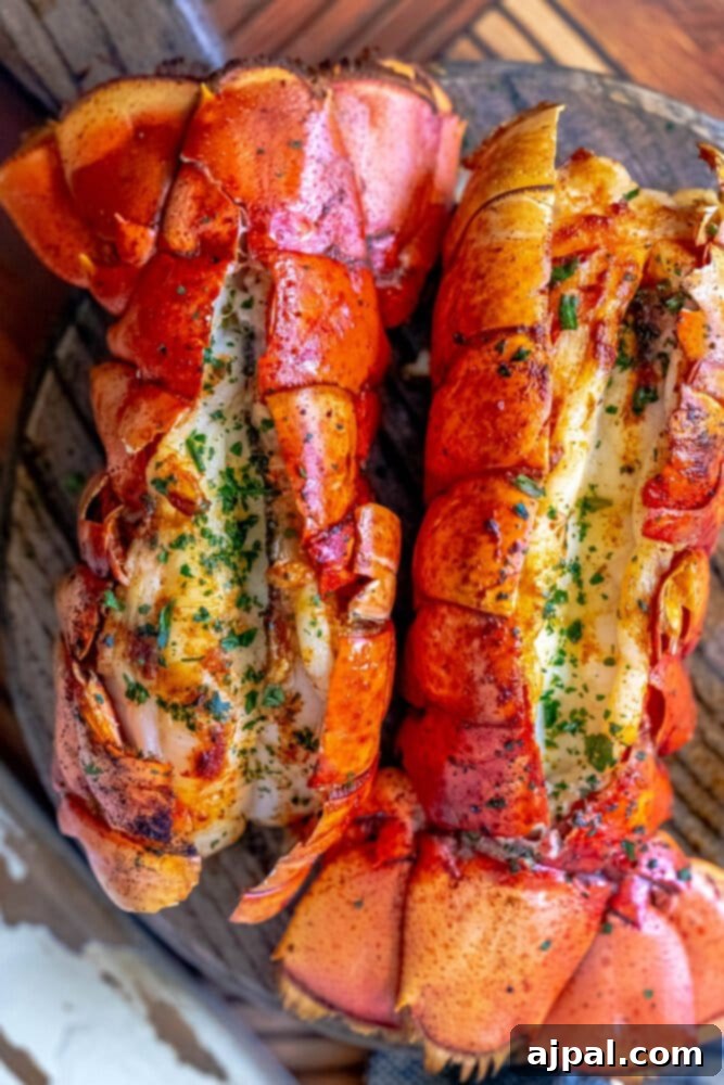 Perfect Grilled Lobster Tails 2 Grilled lobster tails with garlic butter on a wooden cutting board, garnished with fresh herbs and lemon wedges.