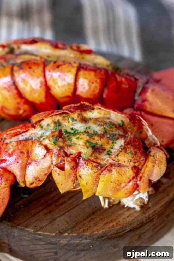 Perfect Grilled Lobster Tails 3 Close-up of grilled lobster tails glistening with lemon garlic butter on a wooden board.
