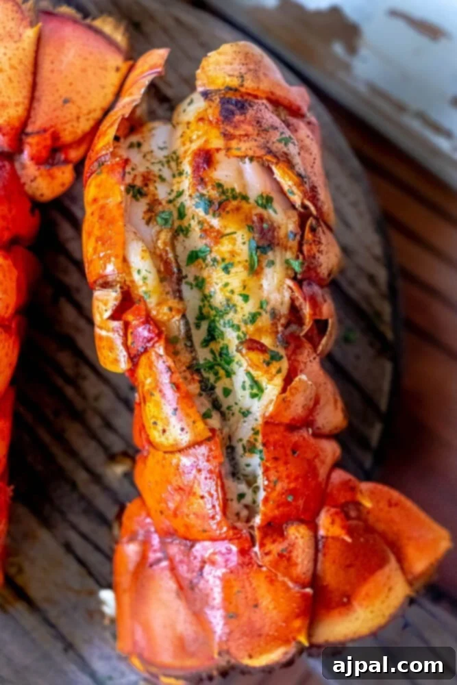 Perfect Grilled Lobster Tails 4 Grilled lobster tails drizzled with garlic butter, served on a rustic wooden plate.