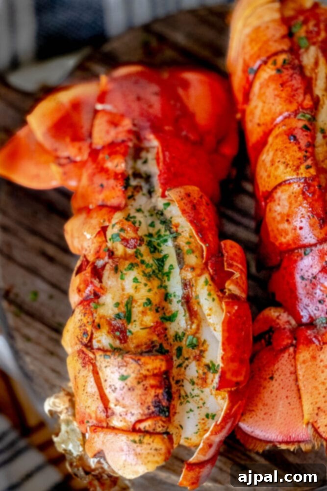 Perfect Grilled Lobster Tails 7 Grilled lobster tails with garlic butter, served on a cutting board with lemon and herbs.