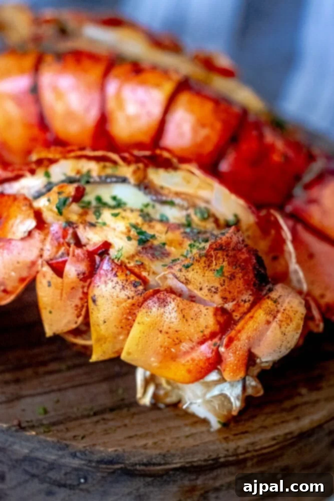 Perfect Grilled Lobster Tails 8 Easy grilled lobster tails beautifully presented on a wooden board.