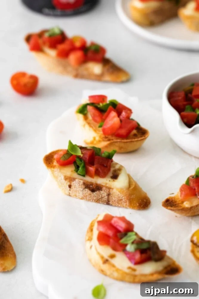 Vibrant Caprese Toasts 10 Another perspective of a plated Caprese Bruschetta, beautifully arranged and ready to be enjoyed.
