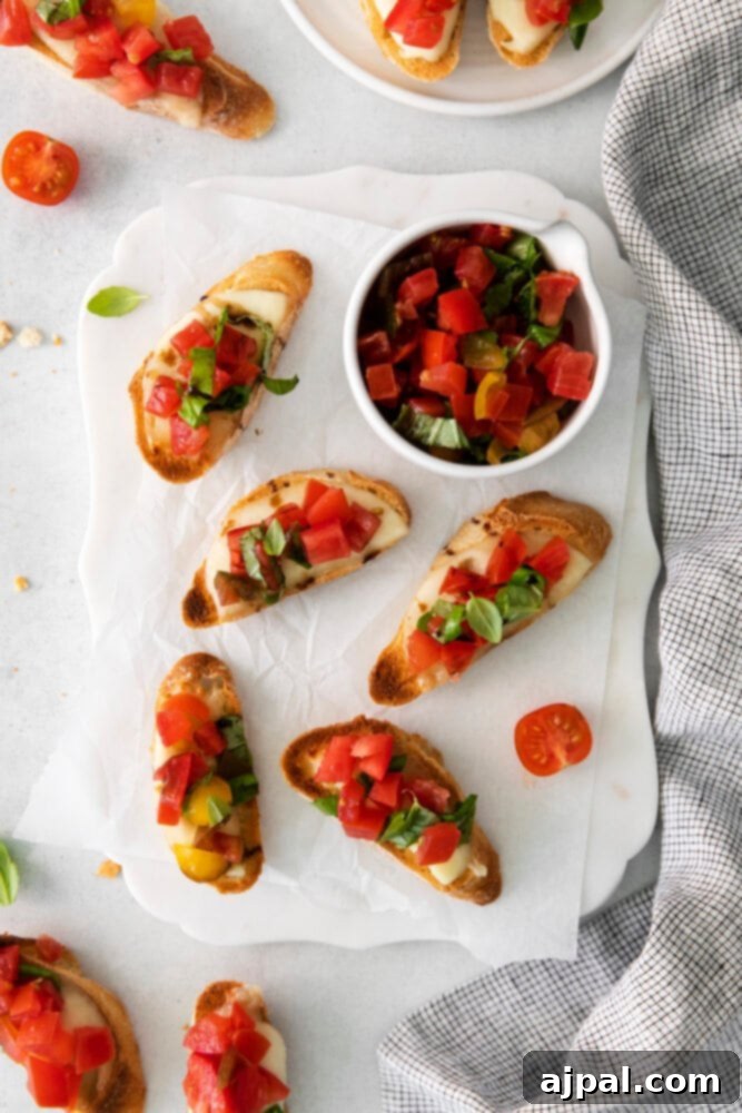 Fresh Caprese Bruschetta 8 A beautifully arranged tray of Caprese Bruschetta, showcasing its vibrant colors and fresh ingredients, perfect for a gathering.