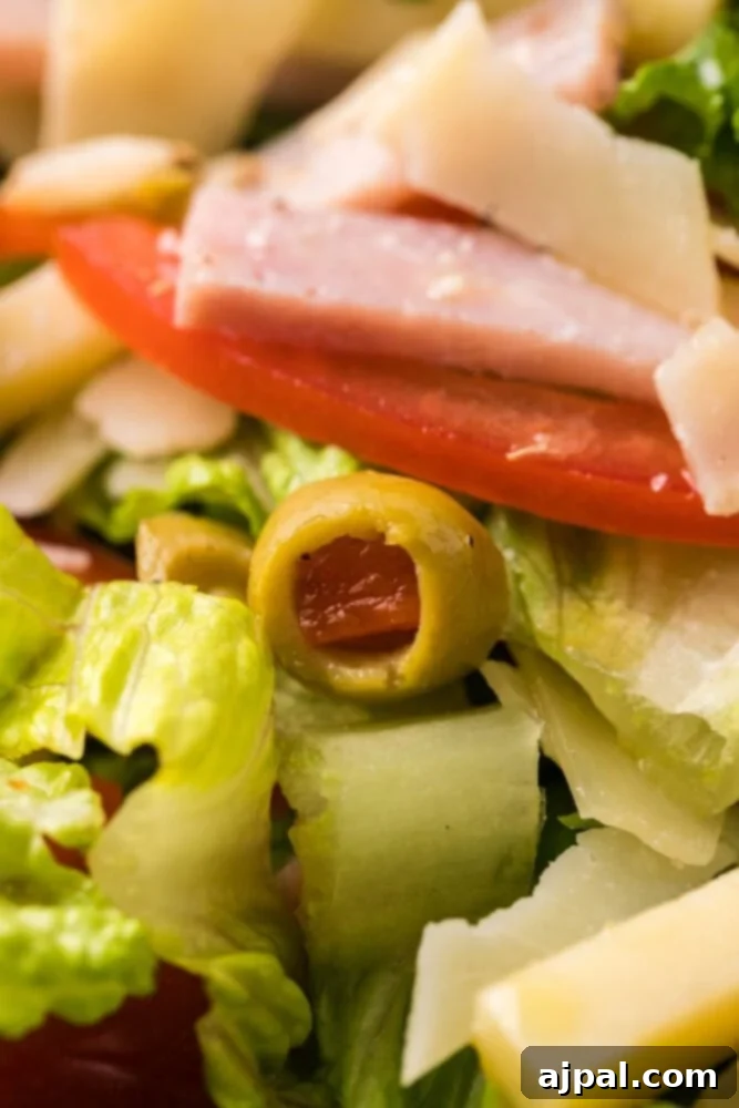 A close-up view of the Julienne Kale Salad, highlighting the thinly sliced ham, cheese, and kale dressed in a light Mediterranean dressing.