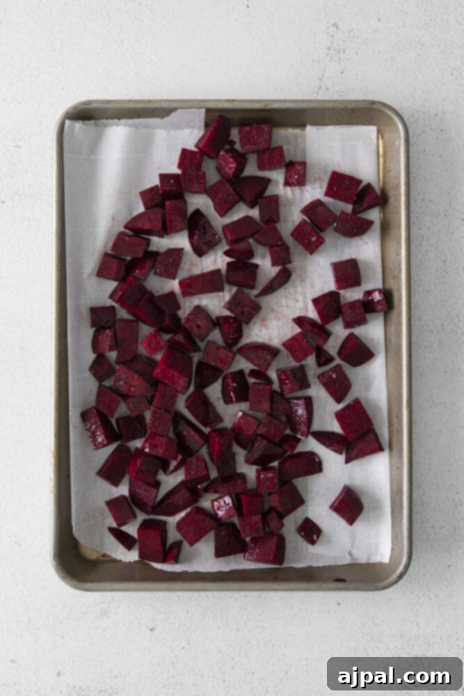 Vibrant Roasted Beet Hummus 4 picture of beets on a baking sheet
