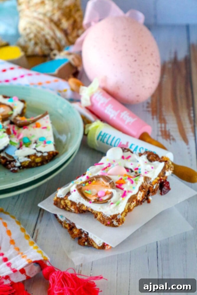 Rocky Road Bars: Cadbury Creme Egg Edition 13 A plate of colorful Easter granola bars, generously topped with sprinkles, ready to be enjoyed.