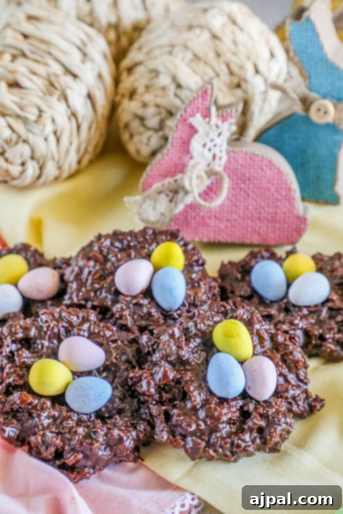 Easter Egg Nest Delights 2 Close-up of chocolate cookies shaped like a bird's nest, filled with colorful Cadbury Mini Eggs.