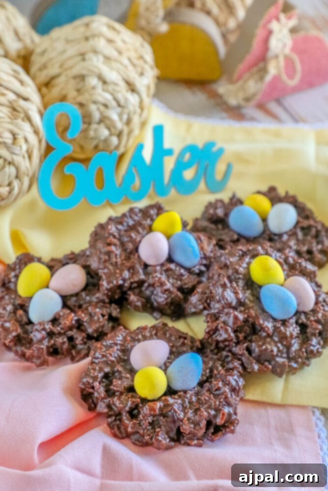 Easter Egg Nest Delights 12 A perfectly formed no-bake Easter Nest Cookie with colorful mini eggs, ready to be enjoyed.