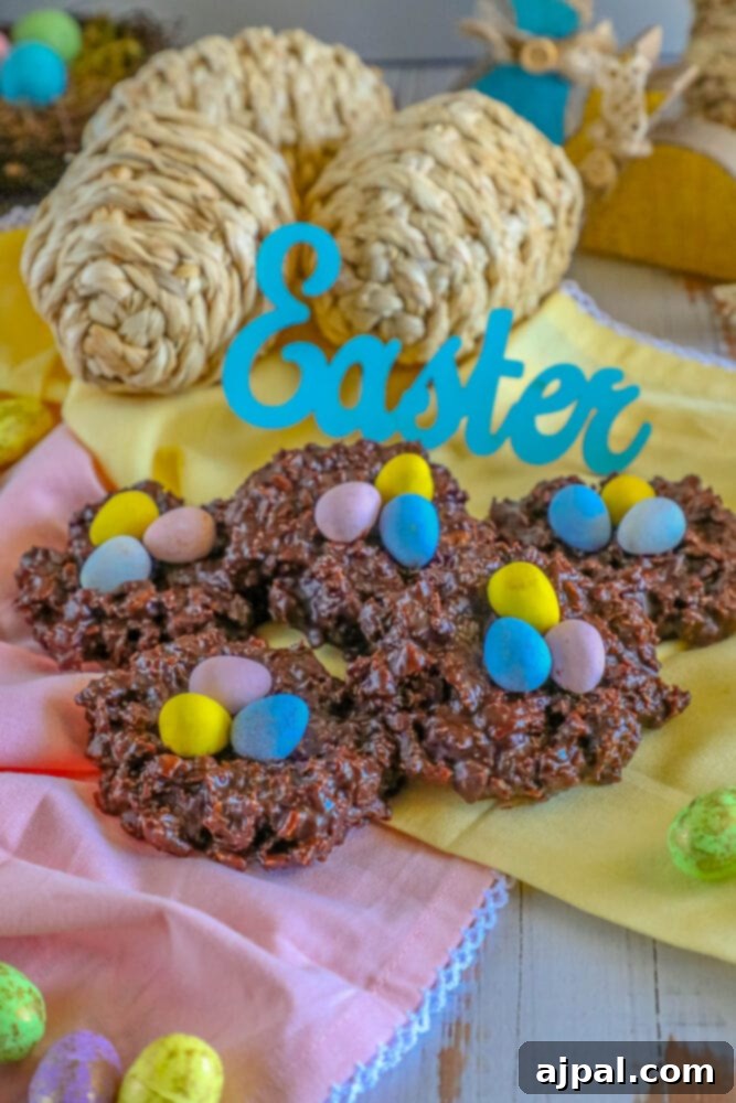 Easter Egg Nest Delights 4 A chocolate Easter nest cookie with mini eggs sits on a white napkin, showcasing its detailed texture.