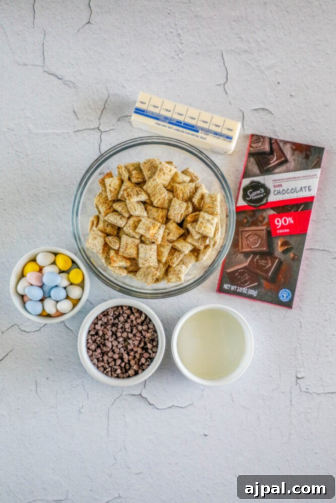 Easter Egg Nest Delights 5 A collage of ingredients and steps for making no-bake Easter Nest Cookies, including crushed cereal, melting butter and chocolate, and mixing the ingredients.